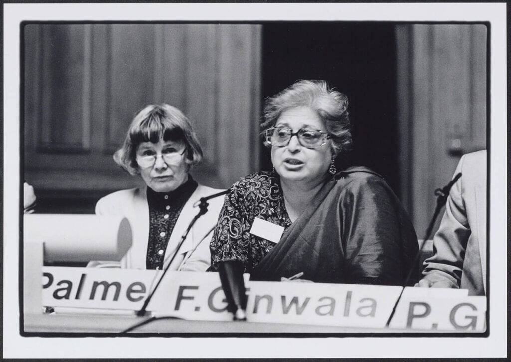 Frene Ginwala (ANC), pictured right and Lisbeth Palme (UNICEF Sweden) pictured left at the AWEPA (Association of European Parliamentarians for Africa; formerly AWEPAA) conference 'Children of Apartheid: International Action for Southern Africa's Youth', Swedish Parliament, Stockholm, 4-5 June 1993. Image courtesy of Boersma, Pieter.