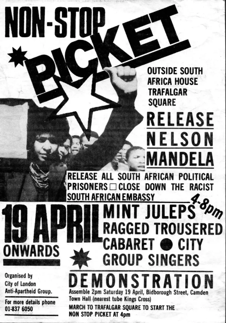 Leaflet advertising the launch of City of London AA Group’s non-stop picket calling for the release of Nelson Mandela.
